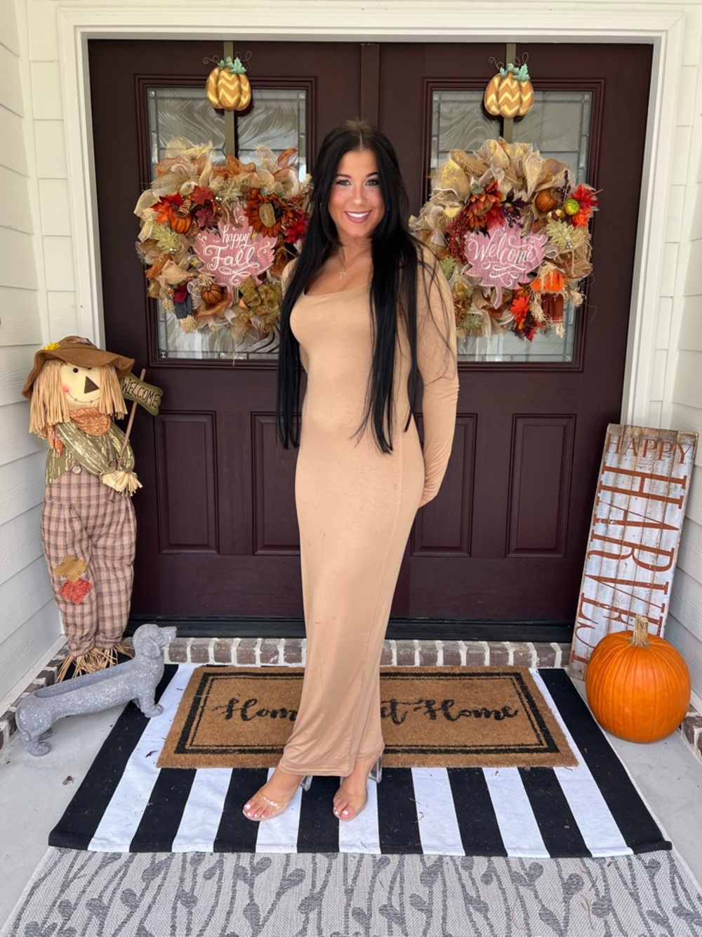 Slim-Fit Long Sleeve Maxi Dress in Camel